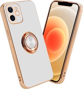 Cadorabo Hoesje voor Apple iPhone 12 MINI in Glossy Wit - Goud met ring - Beschermhoes van flexibel TPU-silicone Case Cover met camerabescherming en magnetische autohouder