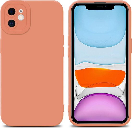 Une coque de téléphone pêche est posée à côté d'un téléphone.