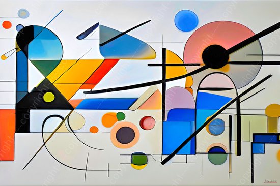 JJ-Art (Canvas) 90x60 | Abstract in Kandinsky stijl – kleurrijk - felle kleuren - kunst – woonkamer slaapkamer | rood, geel, blauw, oranje, groen, modern | Foto-Schilderij print (wanddecoratie)