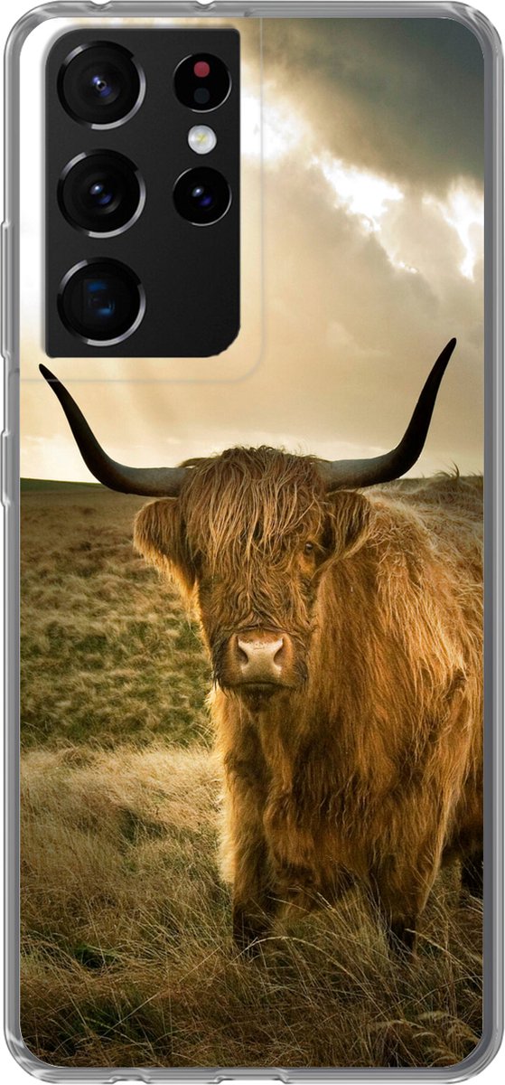 Telefoonhoesje Geschikt voor Samsung Galaxy S21 Ultra hoesje - Schotse Hooglander - Zon - Dieren - Siliconen Telefoonhoesje Telefoonhoesje