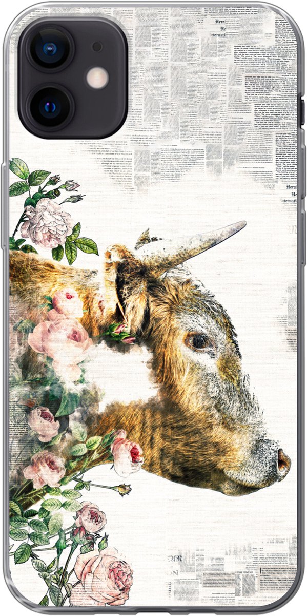 Telefoonhoesje Geschikt voor iPhone 12 mini hoesje - Schotse hooglander - Verf - Bloemen - Siliconen Telefoonhoesje Telefoonhoesje