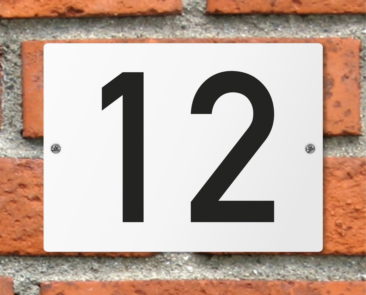 Huisnummerbord wit - Nummer 12 - standaard - 16 x 12 cm - schroeven - naambord - nummerbord - voordeur