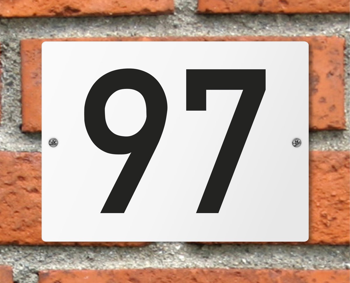 Huisnummerbord wit - Nummer 97 - standaard - 16 x 12 cm - schroeven - naambord - nummerbord - voordeur