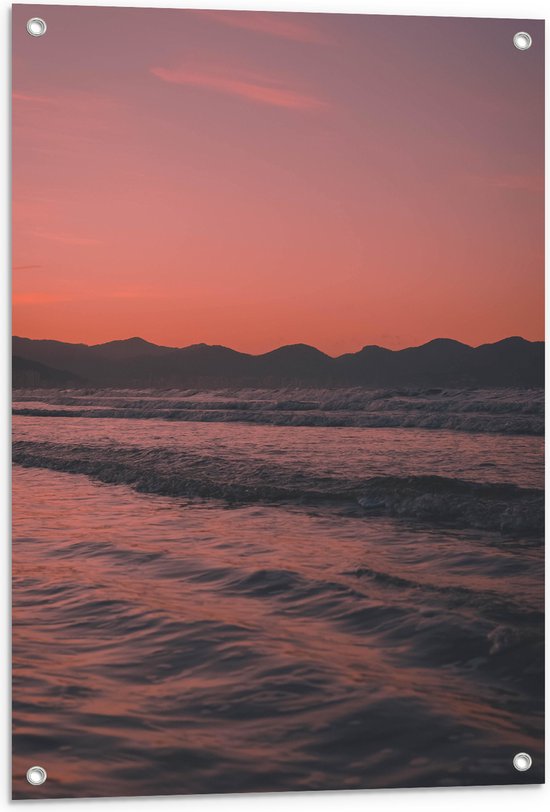 WallClassics - Tuinposter – Golvende Zee met Oranje Paarse Lucht - 60x80 cm Foto op Tuinposter (wanddecoratie voor buiten en binnen)