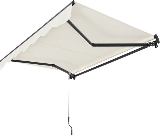 Een uitgeschoven beige luifel met golvend front en zwarte steunarmen.