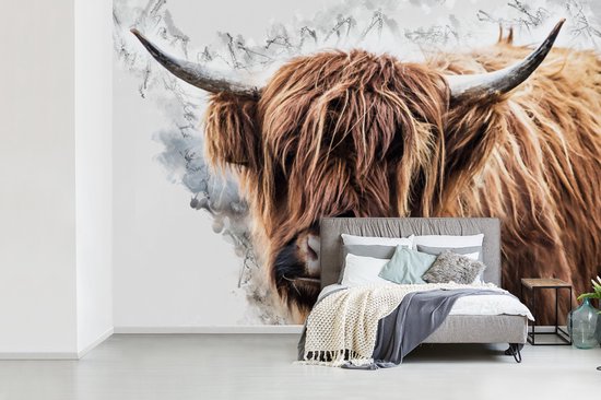 Papier peint - Papier peint photo peint Highlander écossais - Animaux - Fumée - Largeur 525 cm x hauteur 350 cm