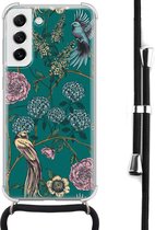 Hoesje met koord geschikt voor Samsung Galaxy S21 FE - Vogels Japanse bloemen - Inclusief zwart koord - Crossbody beschermhoes - Transparant, Groen - Mooie Telefoonhoesjes