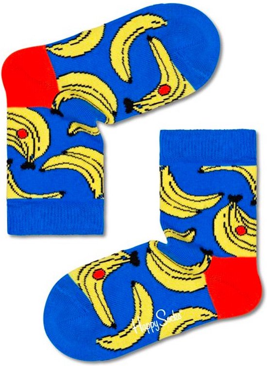 Blauwe sokken met gele bananenprint en rode hiel.