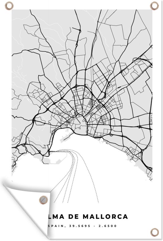 Tuinposters buiten Mallorca - Stadskaart - Zwart Wit - Plattegrond - Kaart - 60x90 cm - Tuindoek