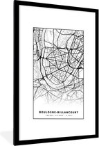 Fotolijst incl. Poster Zwart Wit- Kaart - Plattegrond - Boulogne-Billancourt - Frankrijk - Stadskaart - Zwart wit - 60x90 cm - Posterlijst