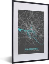 Fotolijst incl. Poster - Kaart – Plattegrond – Stadskaart – Hamburg – Duitsland – Blauw - 40x60 cm - Posterlijst