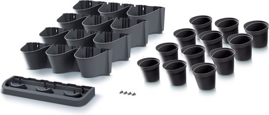 Onderdelen van een modulaire verticale tuin: donkergrijze potten, een basisstuk en schroeven.