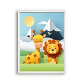 Poster Giraf en leeuw met berg en zonnetje midden - dieren van papier / Jungle / Safari / Dieren Poster / Babykamer - Kinderposter 40x30cm