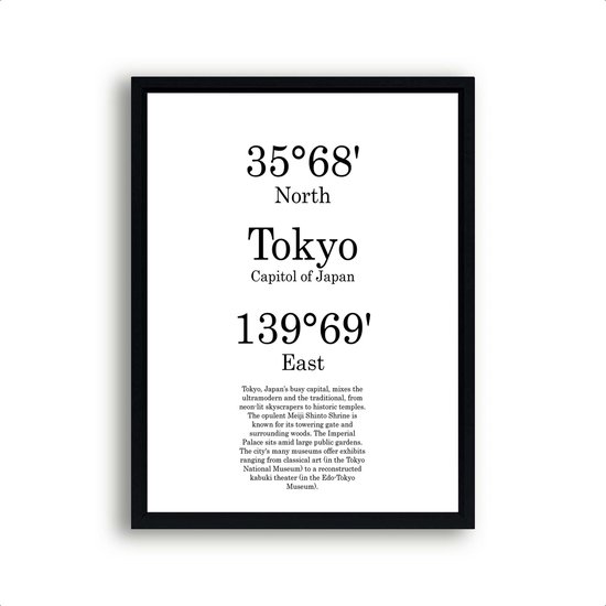 Steden Poster Tokyo met Graden Positie en Tekst - Muurdecoratie - Minimalistisch - 80x60cm - PosterCity