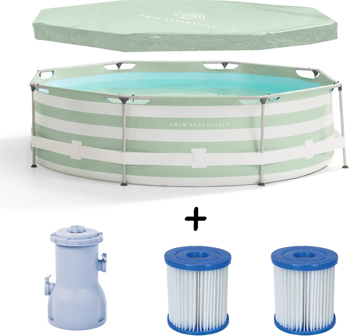 Swim Essentials - Frame zwembad - Zwembaden - Rond - 305 x 76 cm - Gestreept - Filterpomp 3407 liter/uur - Filtercartridge - Zwembadzeil - PVC - Polyester - groen - wit - Set - 5-delig