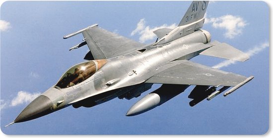 XXL muismat met een grijze F-16 straaljager op een blauwe lucht met wolken.