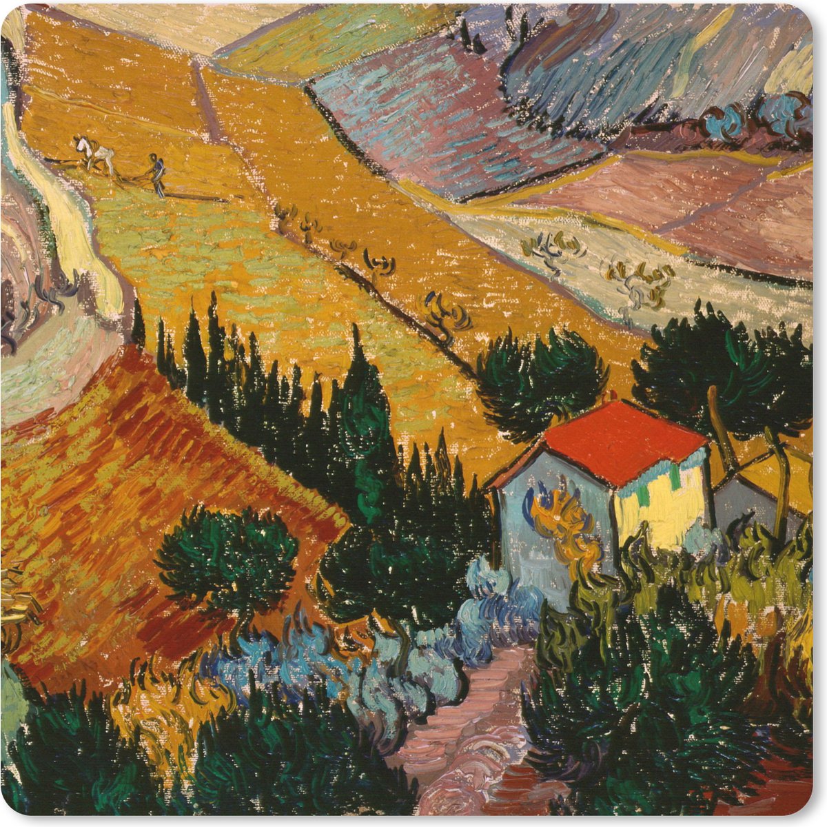 Muismat XXL 40x40 cm - Bureau onderlegger - Bureau mat Landschap met een huis en een ploeger - Vincent van Gogh - Bureaumat - Gaming mousepad xl - Bureaulegger groot - Computer deskmat