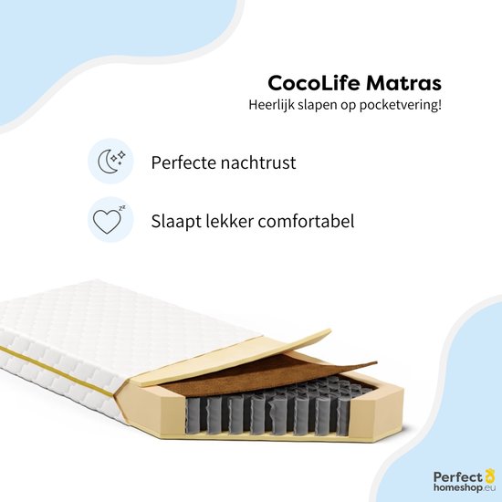 Pocketvering Matras tot 120 kg 140 x 200 cm – 7 Comfort Zones & Cocomat – Koudschuim – Pocketveren Matras Met Wasbare Tijk – Coco Life - Merkloos
