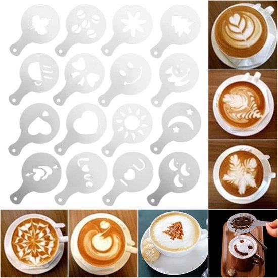 16x Koffie Cappuccino decoratie sjablonen zeef afdrukken ter decoratie / HaverCo