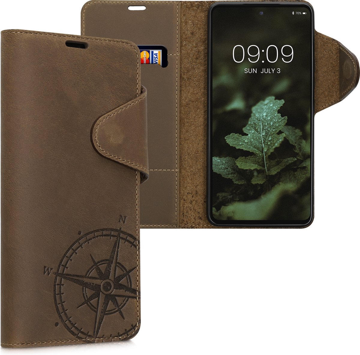 kalibri hoesje geschikt voor Samsung Galaxy A53 5G - leren hoes met pasjeshouder - Vintage Kompas design - bruin