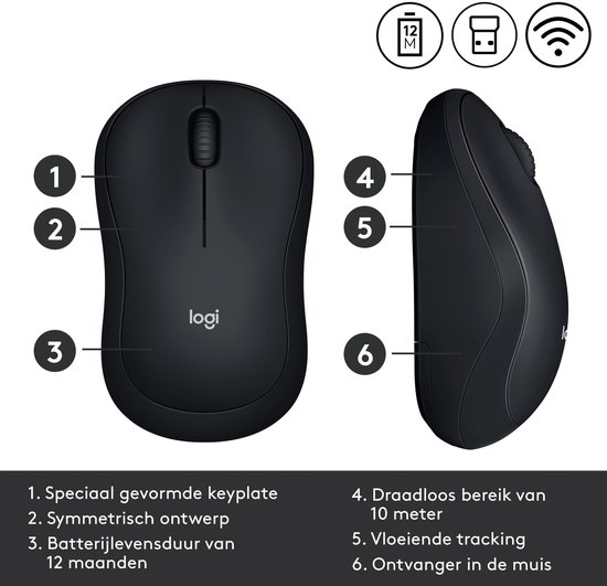 Zwarte Logitech M185 muis met genummerde functies: 1. Speciaal gevormde keyplate, 2. Symmetrisch ontwerp, 3. Batterijduur 12 maanden, 4. Draadloos bereik 10 meter, 5. Vloeiende tracking, 6. Ontvanger in de muis.