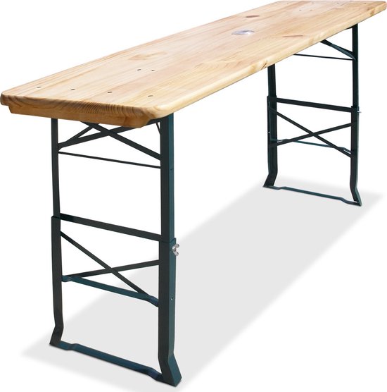 Houten tafel, 170 cm lang, 50 cm breed, met donker metalen inklapbaar onderstel.
