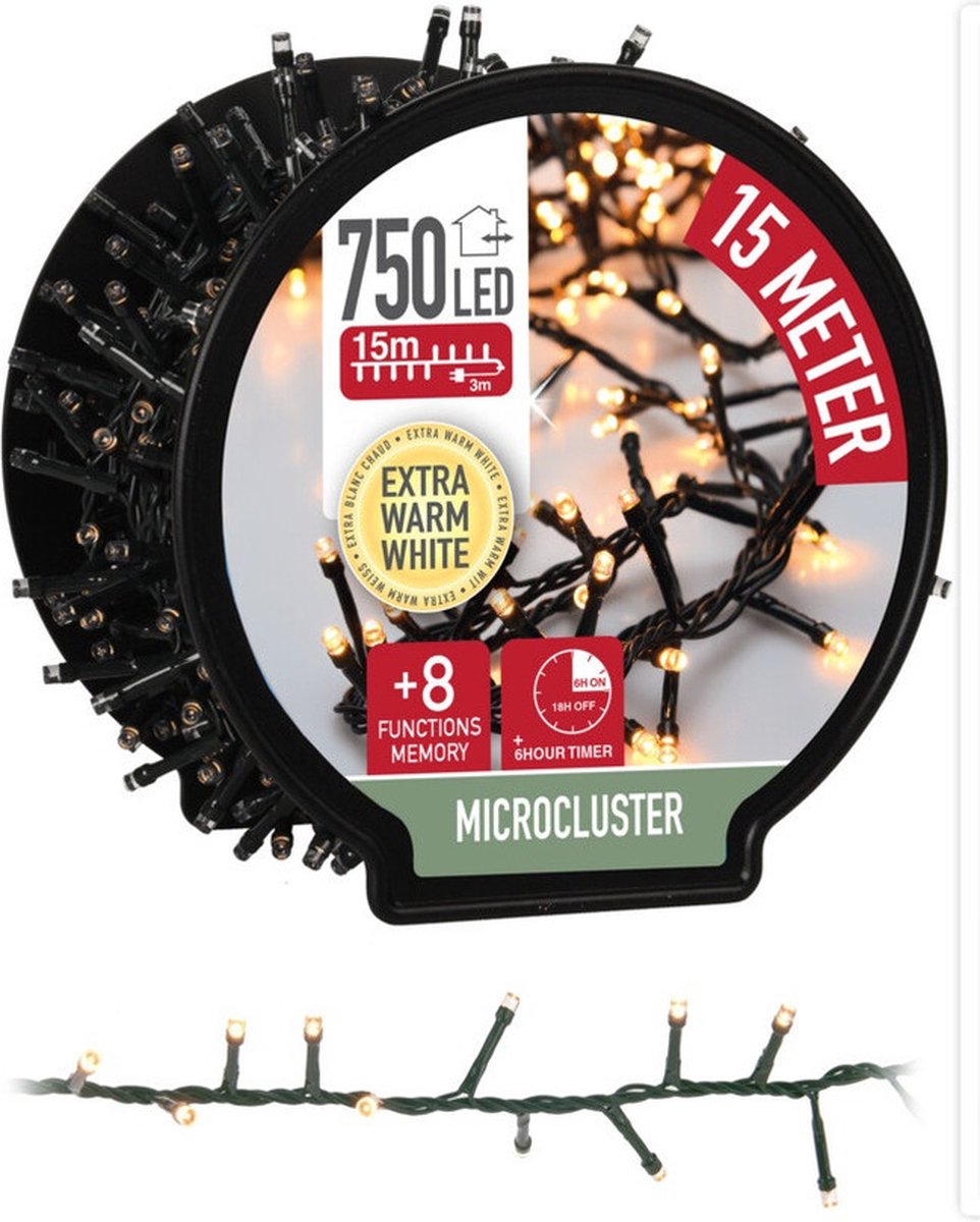 Bol.com Kerstverlichting Clusterverlichting - op haspel - 750 leds - extra warm wit - 15 Meter - met timer aanbieding
