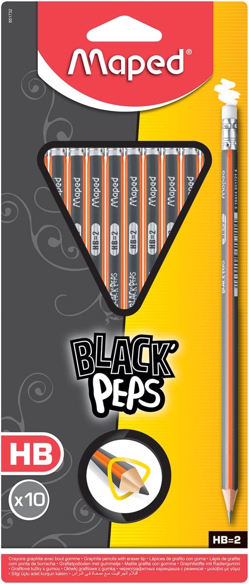 Maped Black'Peps potlood HB, met gum, kartonnen ophangetui met 10 stuks - Maped Office