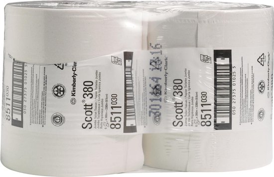 Pak van 6 Scott 380 jumbo toiletrollen, 2-laags, elk 228m.
