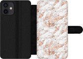 Bookcase Geschikt voor iPhone 12 telefoonhoesje - Rose goud - Patroon - Marmer print - Luxe - Met vakjes - Wallet case met magneetsluiting