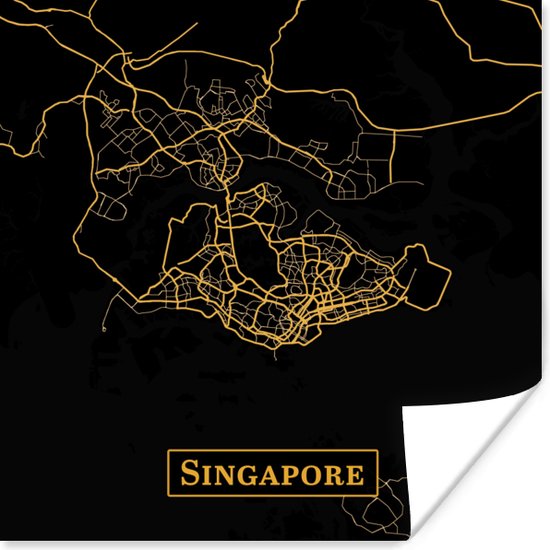 Poster Kaart - Singapore - Zwart - Goud - 30x30 cm