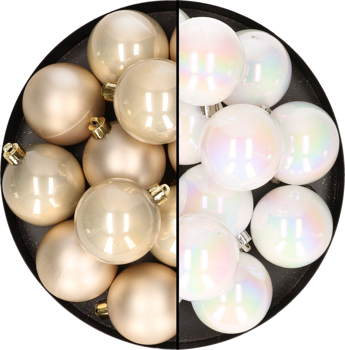 24 kunststof kerstballen mix parelmoer wit en champagne 6 cm - Kerstversiering