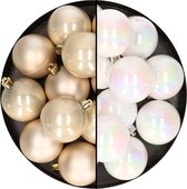 24x stuks kunststof kerstballen mix van parelmoer wit en champagne 6 cm - Kerstversiering