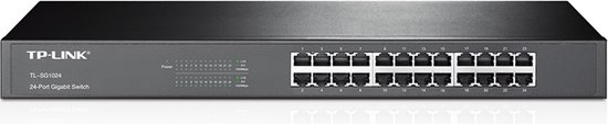 TP-Link TL-SG1024 24-poorts Gigabit Switch, een zwarte metalen behuizing.