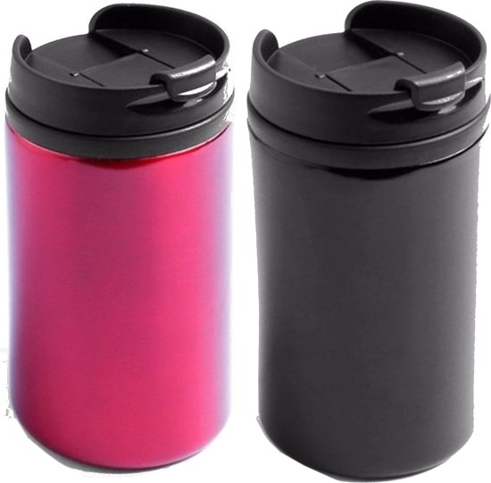 Set van 2x stuks Warmhoudbekers/warm houd bekers metallic zwart en rood 300 ml