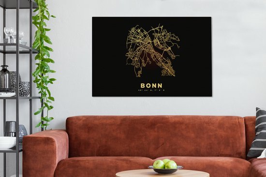 Canvas schilderij 140x90 cm - Wanddecoratie Kaart - Bonn - Goud - Stadskaart - Plattegrond - Muurdecoratie woonkamer - Slaapkamer decoratie - Kamer accessoires - Schilderijen