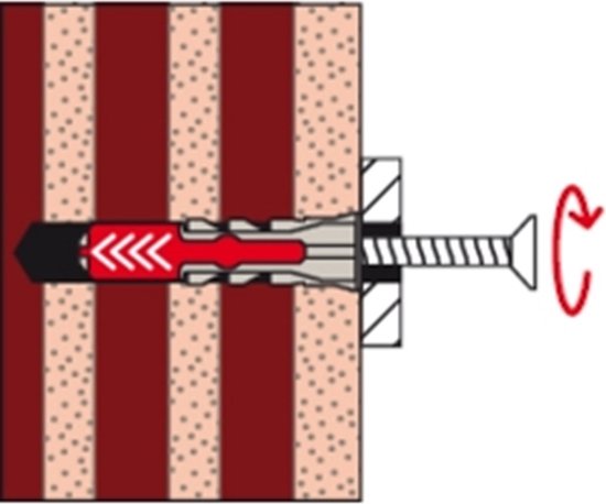 Illustratie van Fischer DUOPOWER plug met schroef in gestreept materiaal.