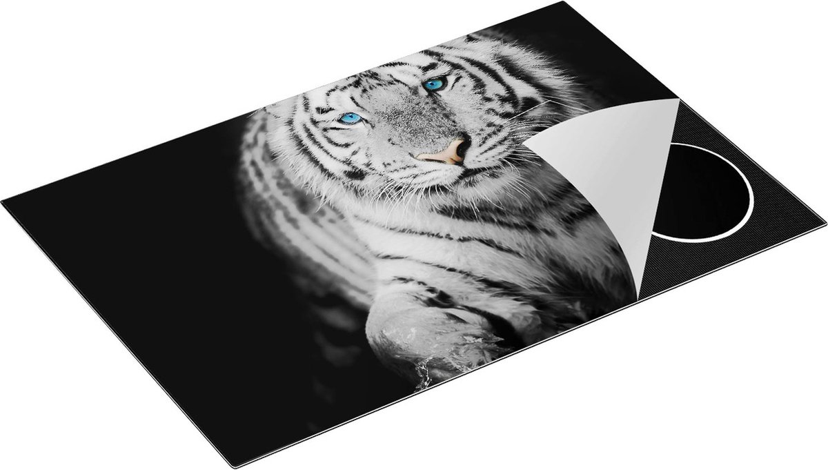Chefcare Inductie Beschermer Tijger met Blauwe Ogen - Zwart Wit - 81,2x52 cm - Afdekplaat Inductie - Kookplaat Beschermer - Inductie Mat
