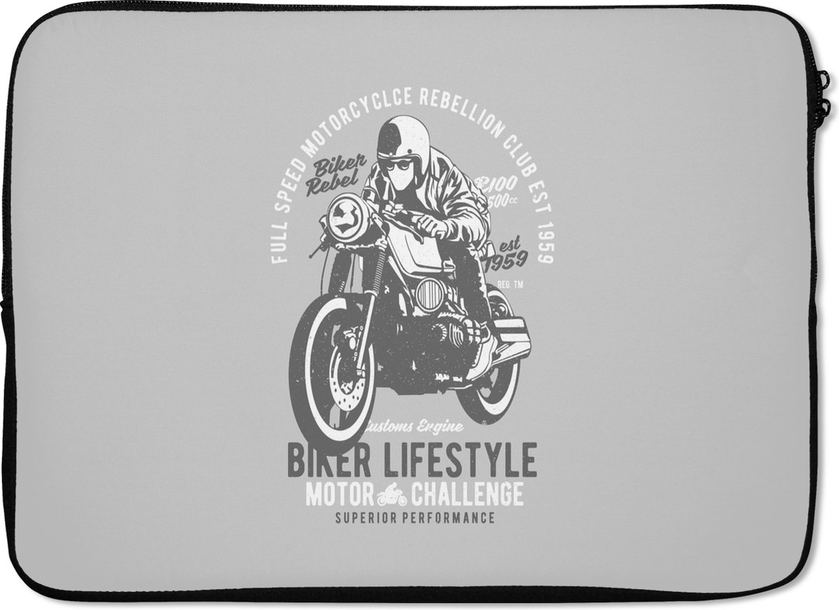Laptophoes 13 inch - Mancave - Motor - Zwart - Wit - Vintage - Laptop sleeve - Binnenmaat 32x22,5 cm - Zwarte achterkant