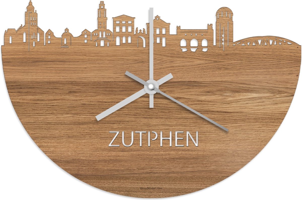 Skyline Klok Zutphen Eikenhout - Ø 40 cm - Stil uurwerk - Wanddecoratie - Meer steden beschikbaar - Woonkamer idee - Woondecoratie - City Art - Steden kunst - Cadeau voor hem - Cadeau voor haar - Jubileum - Trouwerij - Housewarming - WoodWideCities