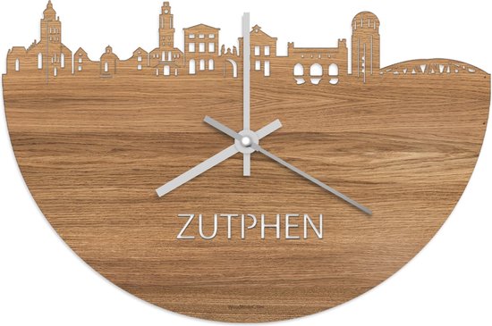 Skyline Klok Zutphen Eikenhout - Ø 40 cm - Stil uurwerk - Wanddecoratie - Meer steden beschikbaar - Woonkamer idee - Woondecoratie - City Art - Steden kunst - Cadeau voor hem - Cadeau voor haar - Jubileum - Trouwerij - Housewarming - WoodWideCities