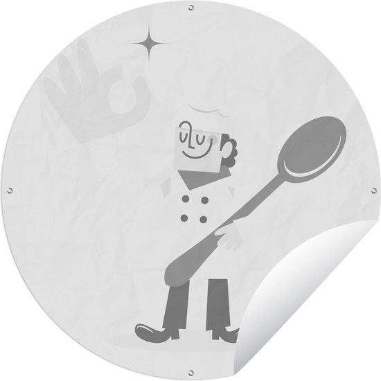 Tuincirkel Een illustratie van een kok met een enorme hand - zwart wit - 60x60 cm - Ronde Tuinposter - Buiten