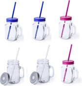 6x stuks Glazen Mason Jar drinkbekers met dop en rietje 500 ml - 2x zilver/2x blauw/2x roze - afsluitbaar/niet lekken/fruit shakes