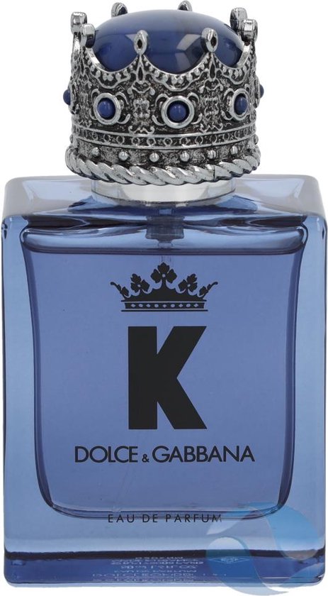 Dolce & Gabbana K Eau de Parfum spray, met een koningskroon dop en een paarse fles met 'K' logo.