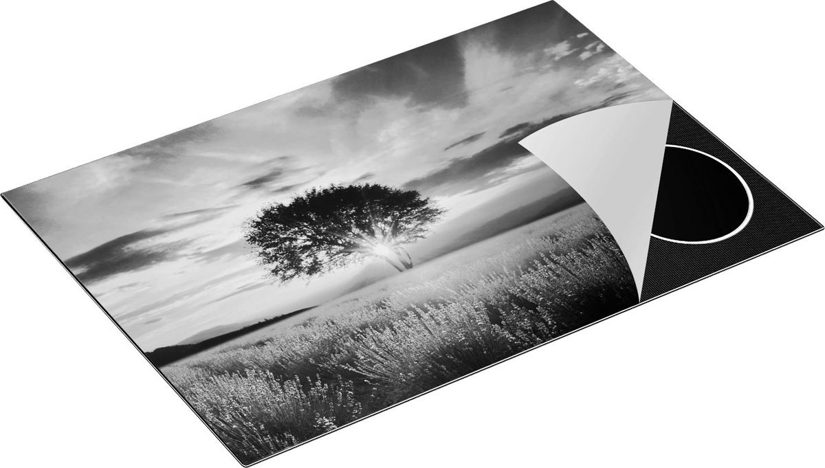 Chefcare Inductie Beschermer Bloemenveld met Lavendel bij Zonsondergang - Zwart Wit - 77x51 cm - Afdekplaat Inductie - Kookplaat Beschermer - Inductie Mat
