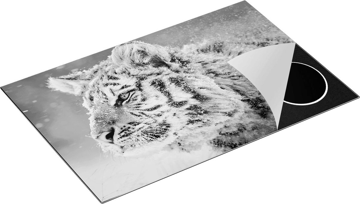 Chefcare Inductie Beschermer Tijger tijdens de Sneeuw - Zwart Wit - 80x52 cm - Afdekplaat Inductie - Kookplaat Beschermer - Inductie Mat