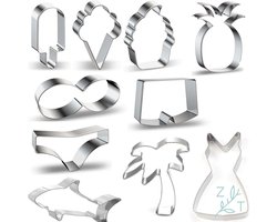 ZijTak - Uitsteekvorm - 10 stuks - Uitsteker - Cookie cutter - Koekjes - Gebak - Brood - Toast - Groenten - Fruit - Vakantie - Zomer - Ananas - Ijsjes - Cupcake - Ijsje - Bikini - Zwembroek - Kleedje - Jurkje - Haai - Palmboom - RVS