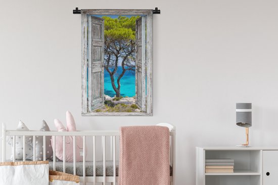 Wandkleed - Wanddoek - Boom - Tropisch - Zee - Doorkijk - Strand - 60x90 cm - Wandtapijt