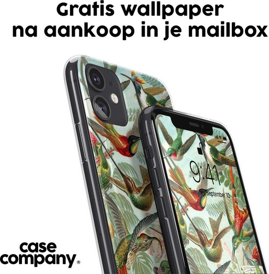 Twee telefoonhoesjes met kolibrie-print, waarvan één op een telefoon. Tekst: Gratis wallpaper na aankoop in je mailbox.