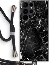 Case Company® - Hoesje met koord geschikt voor Samsung Galaxy S22 Ultra hoesje met Koord - Zwart Marmer - Telefoonhoesje met Zwart Koord - Bescherming aan alle Kanten en Over de Schermrand